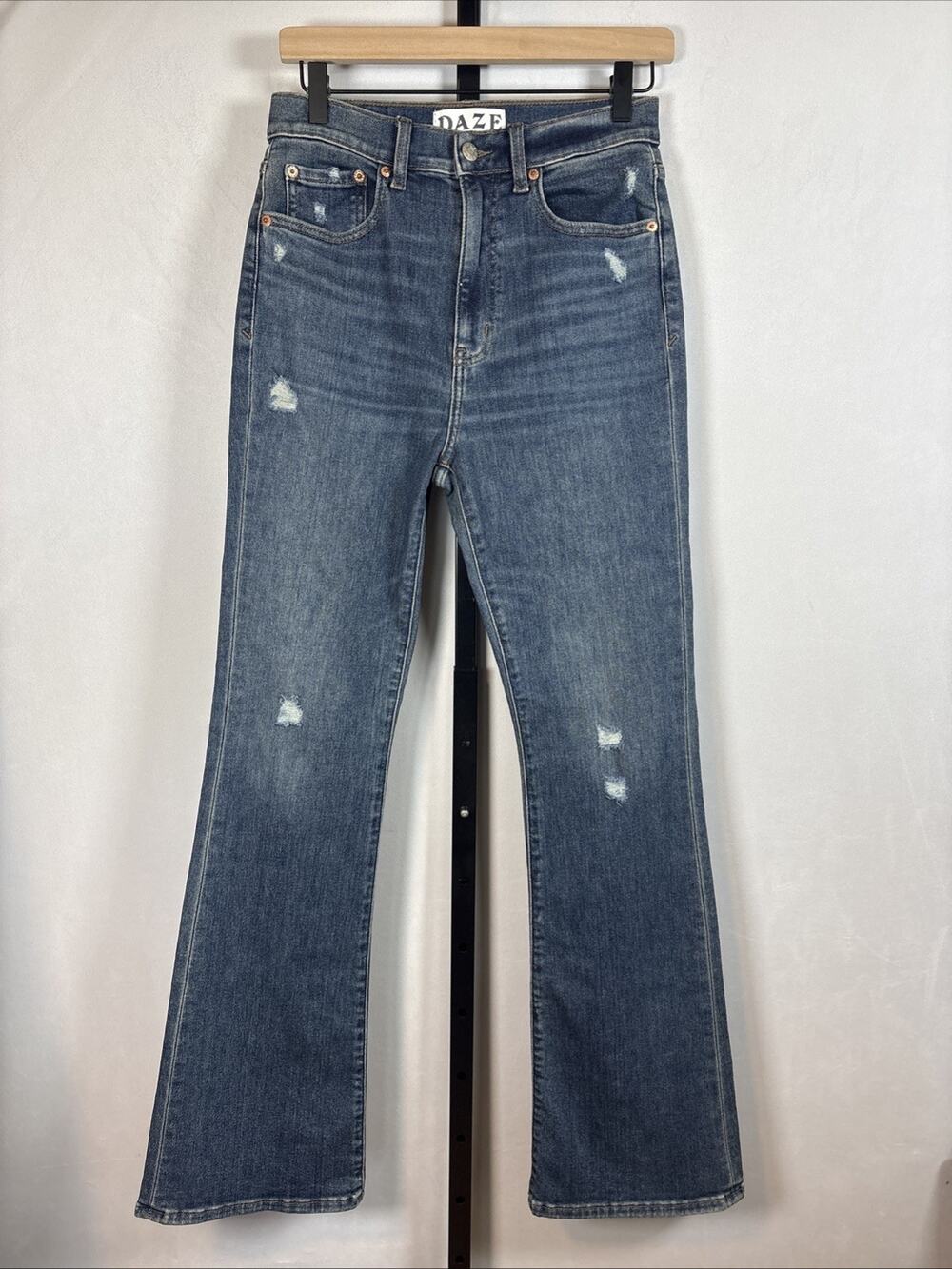 DAZE Denim High Rise Flare Jeans Womens 27 Dark Wash Hug Distressed Stretch Y2K